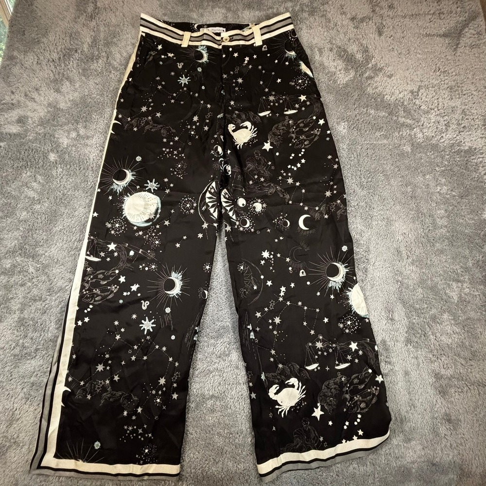 Zara Black Celestial Zodiac Print Wide Leg Satin Trousers Moon Star Pants M
